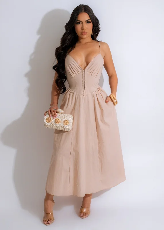 My Favorite Midi Dress Nude Fashionable Pleated Midi Dress