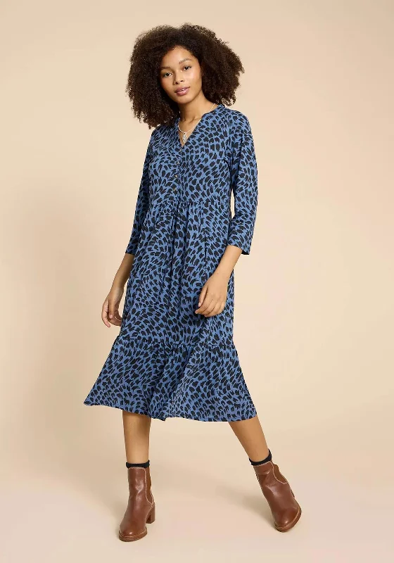 White Stuff Naya Print Jersey Midi Dress, Blue Comfortable Button Front Midi Dress