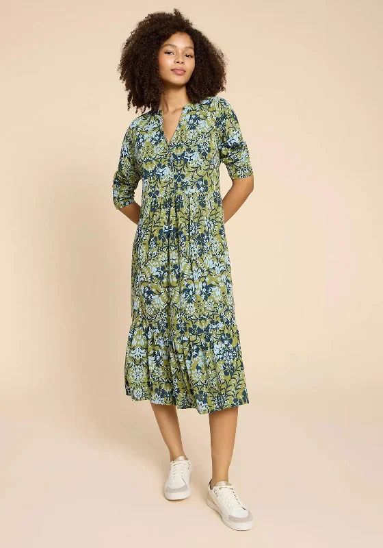 White Stuff Naya Print Jersey Midi Dress, Green Fashionable Casual Midi Dress