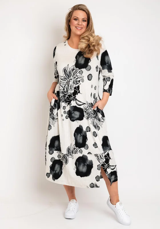 NOEN Floral Print Midi Dress, Grey Elegant Faux Wrap Midi Dress