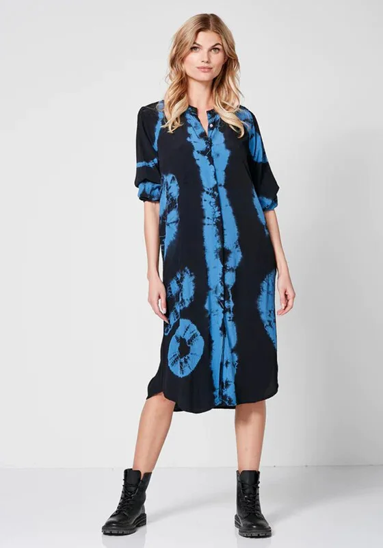 Nu Denmark Talia Tie Dye Midi Dress, Blue & Black Fashionable Pleated Midi Dress