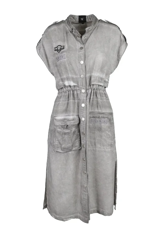 Nu Denmark Terra Dye Look Midi Dress, Grey Trendy Smocked Detail Midi Dress