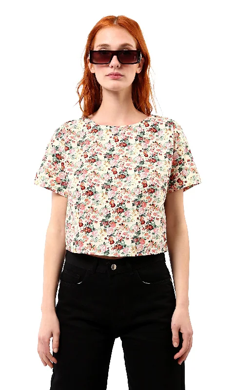 O183065 Crew Neck Multicolour Floral Short Tee Notch Collar Peter Pan Collar Cowl Neck O183065 Crew Neck Multicolour Floral Short Tee Notch Collar Peter Pan Collar Cowl Neck
