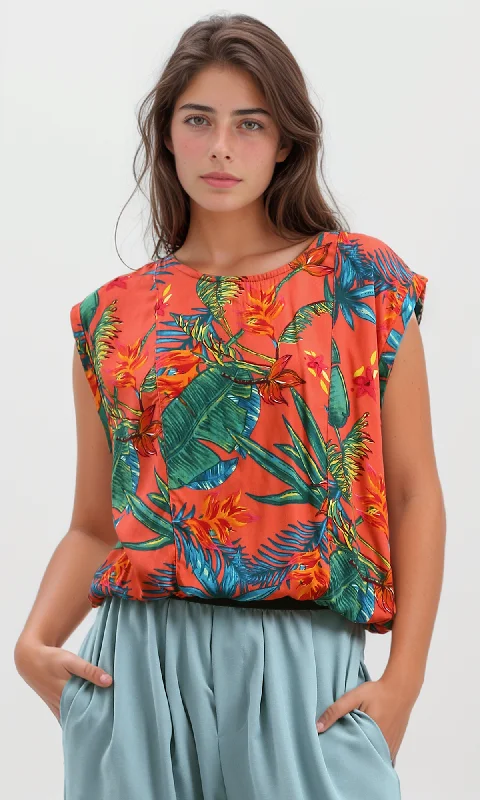 O192038 Crew Neck Multicolour Floral Sleeveless Tee Zippered Front Buttoned Front Snap Front