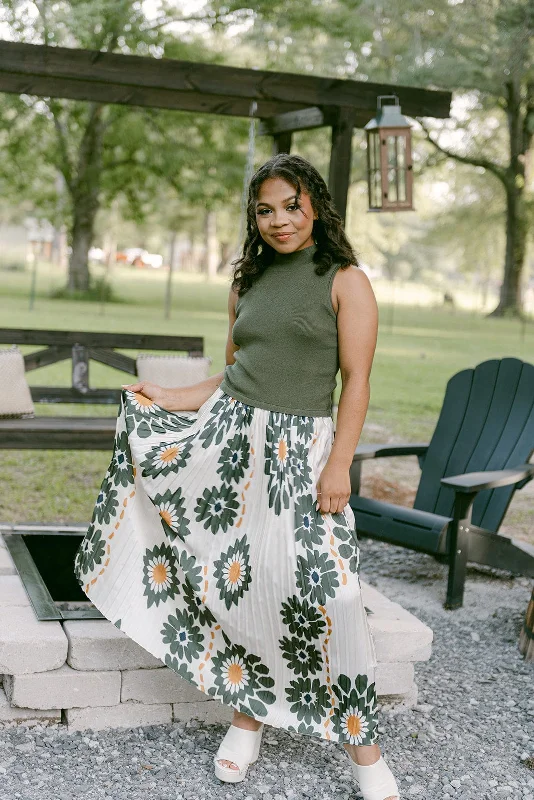 Olive Floral Pleated Midi Dress Stylish Midi Dress with Cuffs