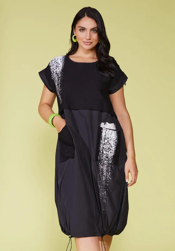 Ora Curve Placement Print Drawstring Hem Midi Dress, Black Stylish Off-Shoulder Ruffle Dress