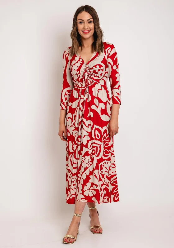 Oui Drawcord Detail Paisley Midi Dress, Red & White Stylish Midi Dress with Cuffs