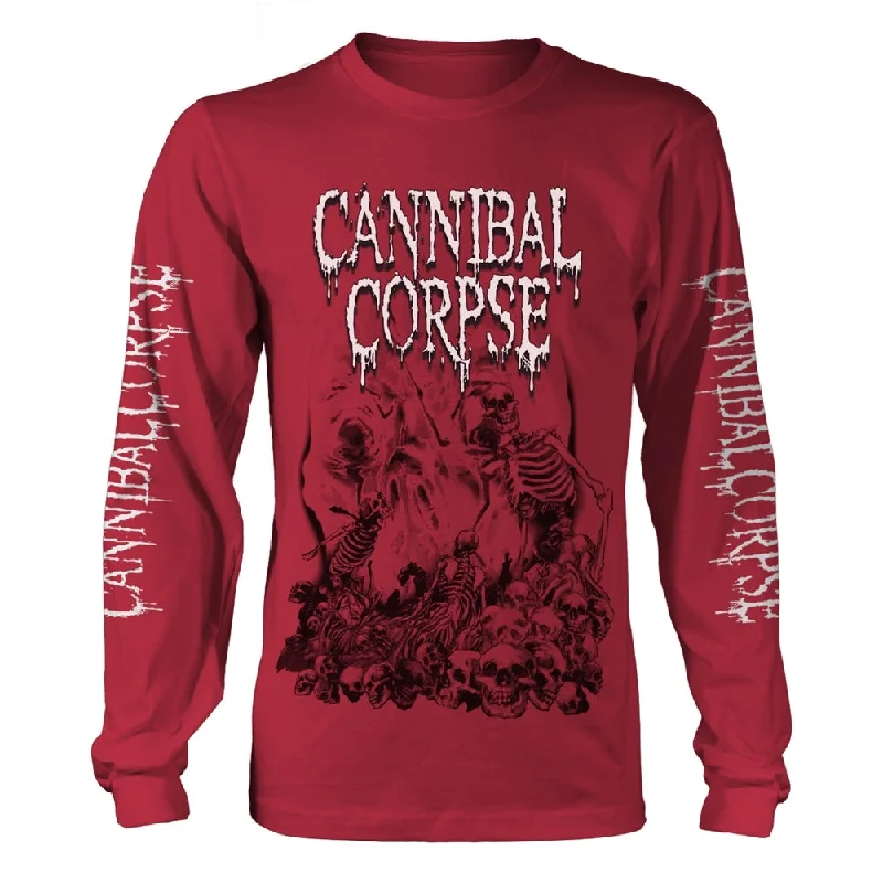 Cannibal Corpse Unisex Long Sleeved T-shirt: Pile Of Skulls 2018 (Red) (back print) Real Fur Shearling Chenille