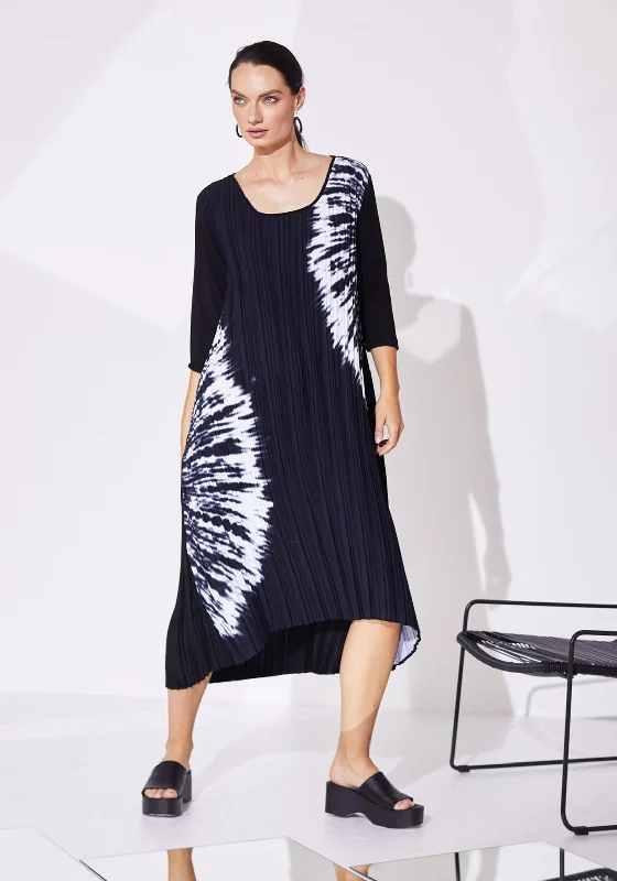 Naya Placement Print Pleated Midi Dress, Black & White Fashionable One-Shoulder Midi Dress