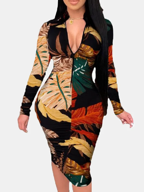 Plant Leaves Print Long Sleeve Zipper Elegant Women Midi Dress Fashionable Chiffon Midi Dress