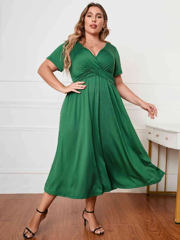 Short Sleeve Surplice Neck Midi Dress Comfortable Stretch Midi Dress