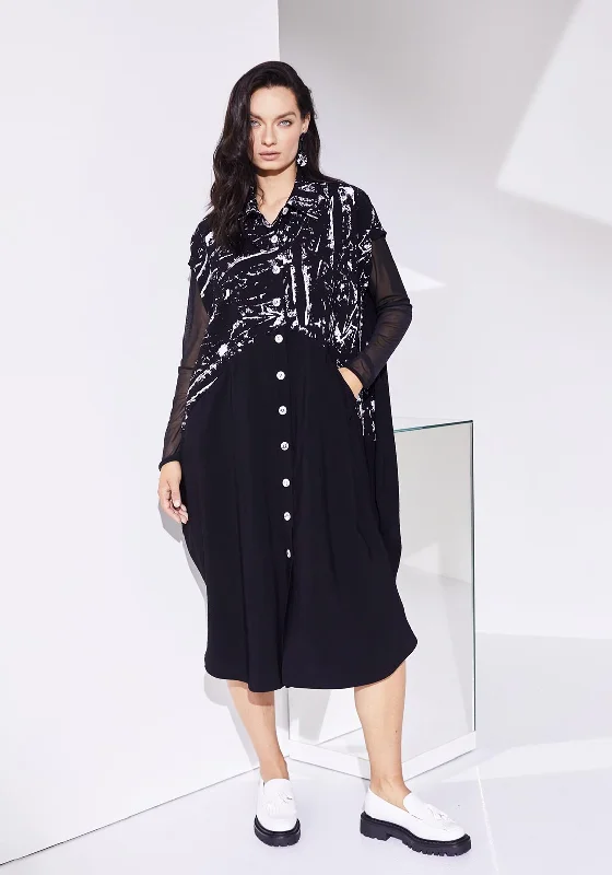 Naya Button Through Print Midi Dress, Black & White Cozy Wide Strap Midi Dress