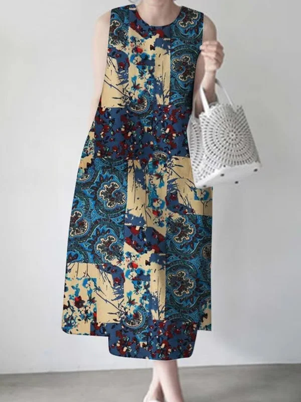 Print Sleeveless Vintage Casual Women Midi Dress Elegant Lace Trim Midi Dress