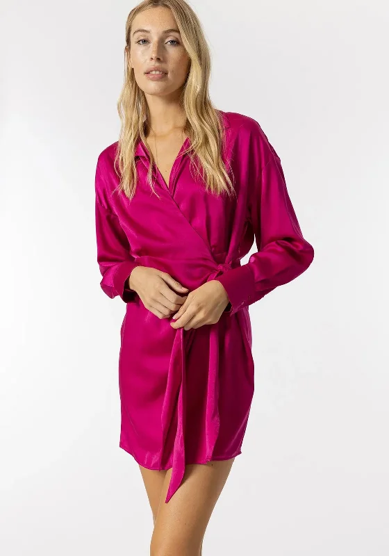 Tiffosi Satin Wrap Mini Dress, Pink Trendy Floral Mini Dress