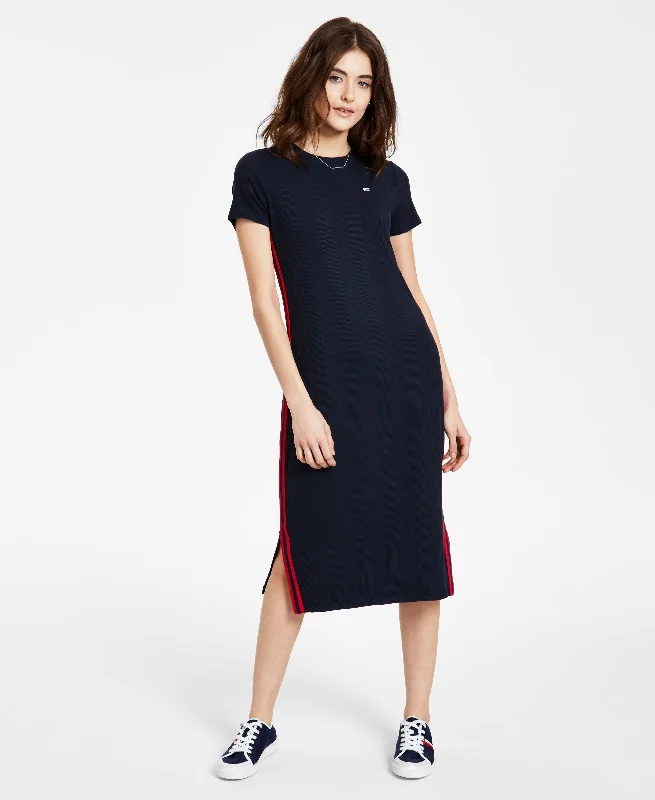 Rib-Knit Midi Dress Trendy Ruched Side Midi Dress