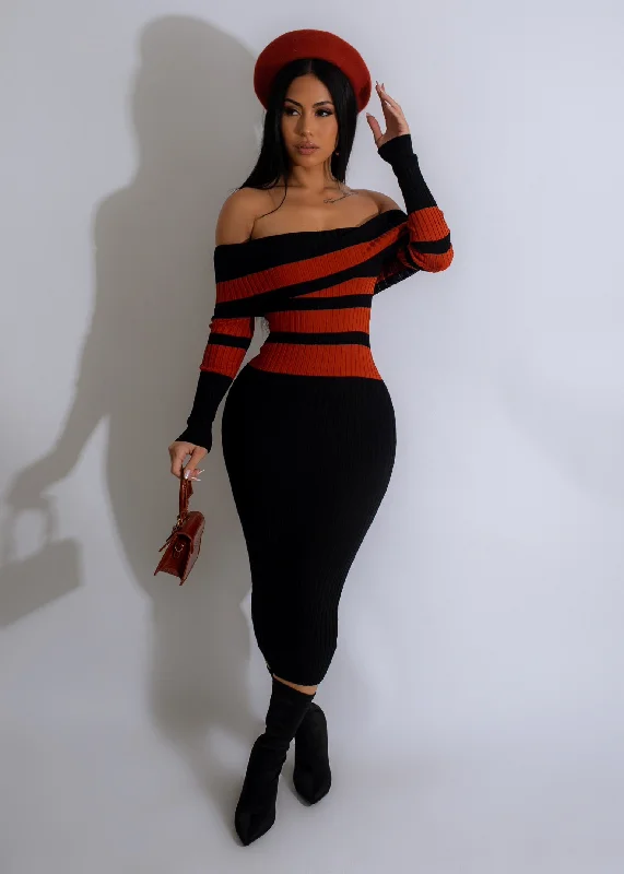 Rome Night Knitted Midi Dress Orange Fashionable One-Shoulder Midi Dress