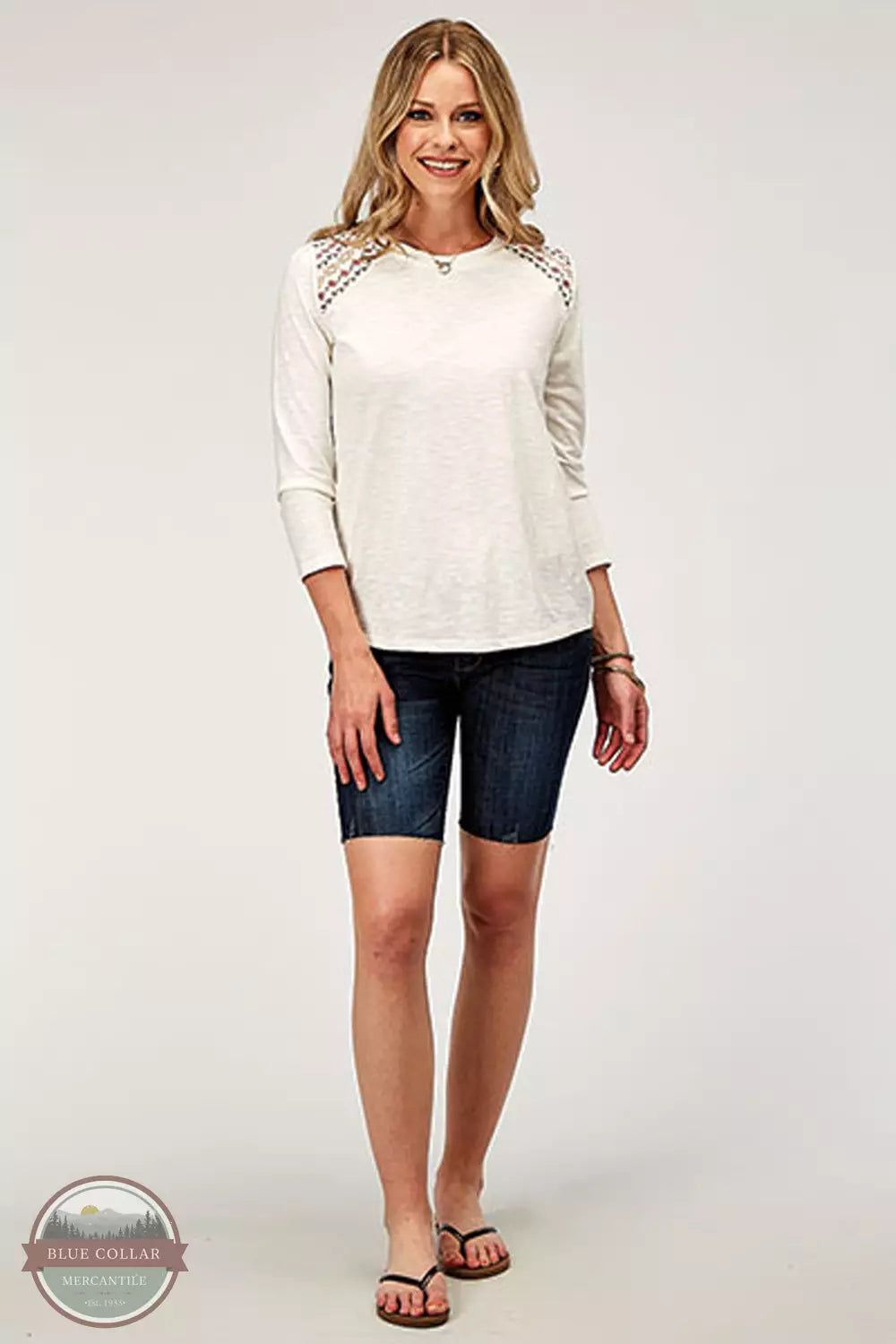 03-038-0513-3071 WH Embroidered 3/4 Sleeve T-Shirt Silk Blend Satin Velvet
