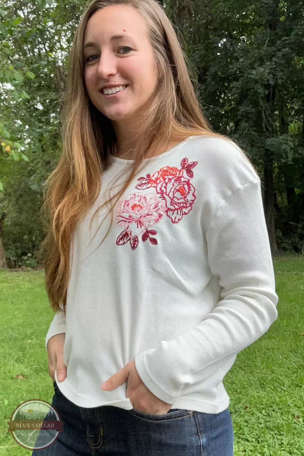 03-038-0513-6110 WH Waffle Weave Embroidered Rose Long Sleeve T-Shirt Solid Print Embellished