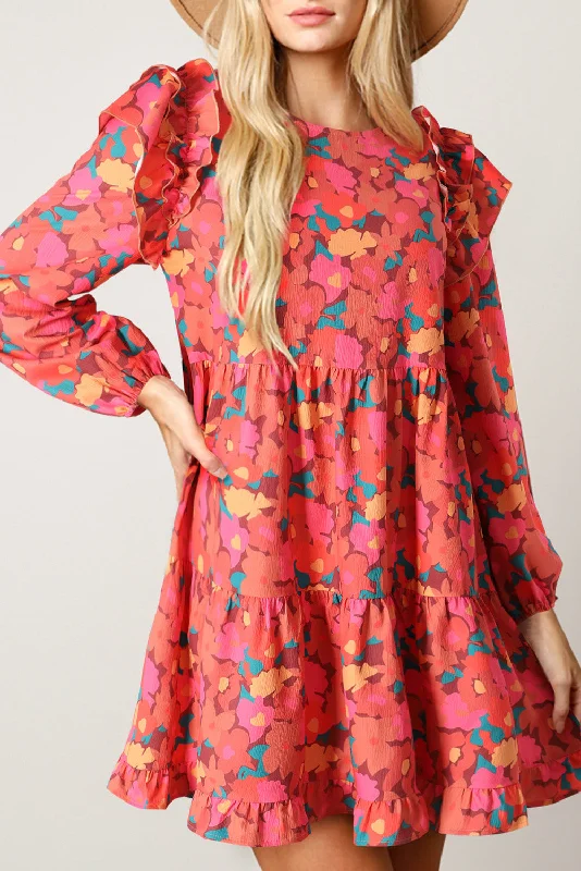 Rose Red Ruffle Shoulder Long Sleeve Floral Mini Dress Comfortable Linen Mini Dress