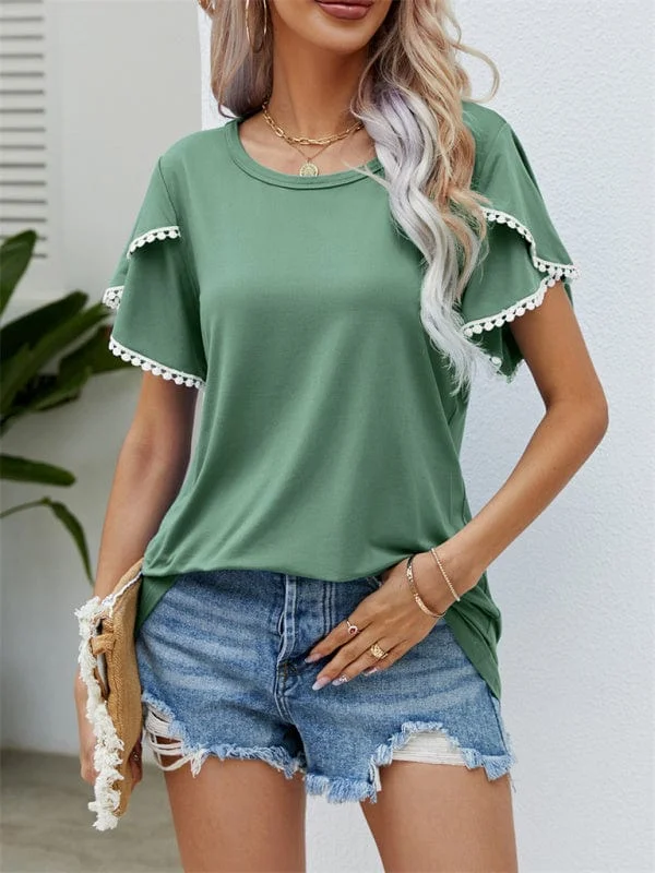 Round Neck Tassel Tulip Sleeve T-Shirt Casual Top Women Fitted T-Shirt Seamless Stretchy Round Neck Tassel Tulip Sleeve T-Shirt Casual Top Women Fitted T-Shirt Seamless Stretchy