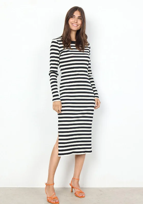 Soyaconept Djaka Striped Ribbed Jersey Midi Dress, Black Trendy Mock Neck Midi Dress