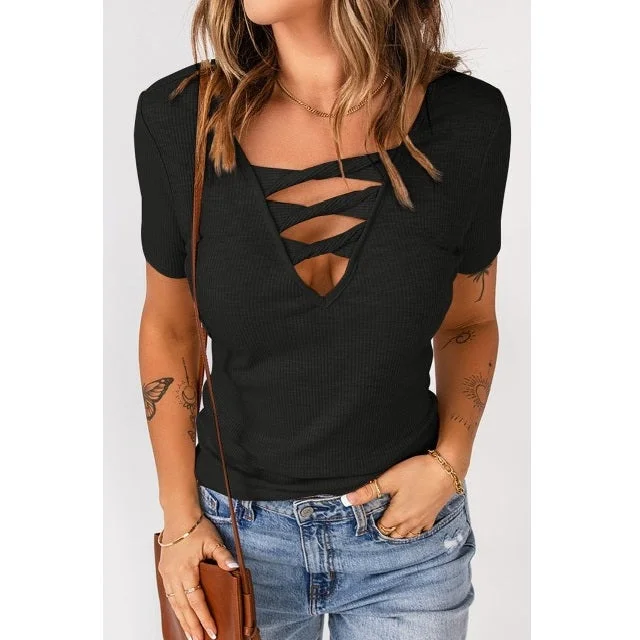 Shredded Ribbed Knit T-Shirt Fleece Nylon Spandex