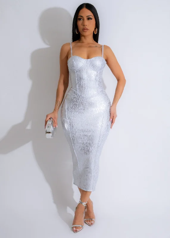 Shimmer Midi Dress Silver Fashionable Fitted Midi Dress