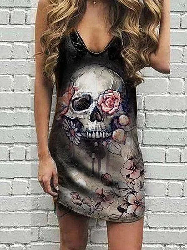 Skull Print Black Sleeveless V-neck Summer Women Mini Dress Trendy Wraparound Mini Dress