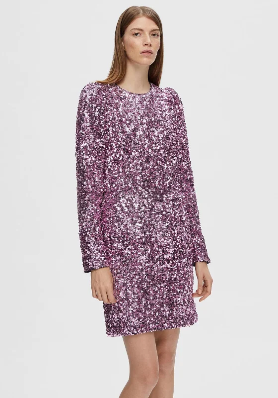 Selected Femme Colyn Sequin Embellished Mini Dress, Pink Lavender Trendy Mini Dress with Belt