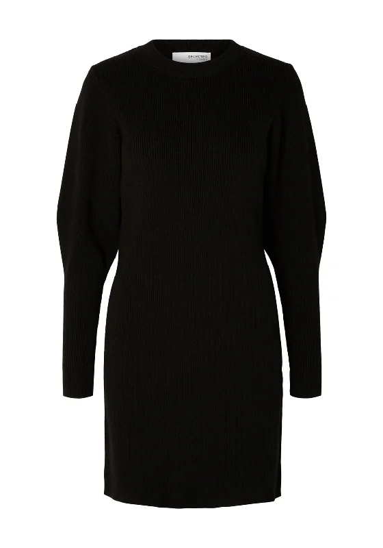 Selected Femme Mirabel Ribbed Knit Mini Dress, Black Cozy Sweater Mini Dress