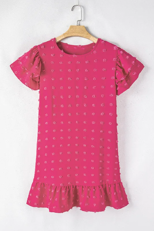 Strawberry Pink Plus Size Jacquard Short Ruffle Sleeve Mini Dress Cozy T-Shirt Mini Dress