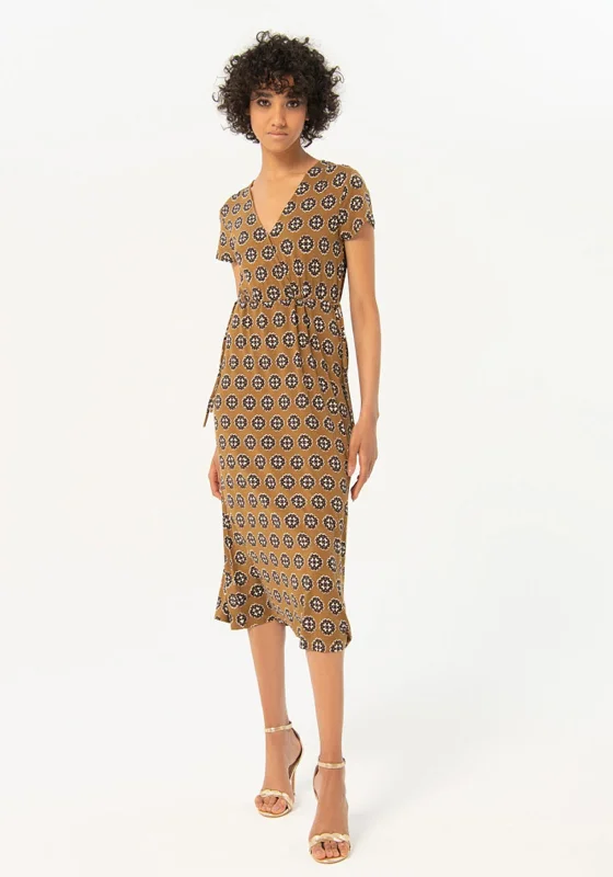 Surkana Wrap V-Neck Printed Midi Dress, Khaki Elegant Pleated Sleeve Midi Dress