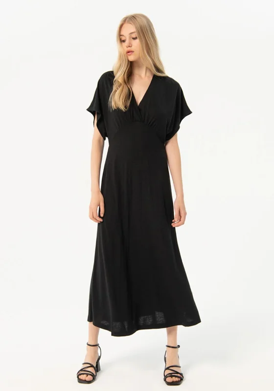 Surkana Bat Wing Sleeves Linen Midi Dress, Black Fashionable Fitted Midi Dress