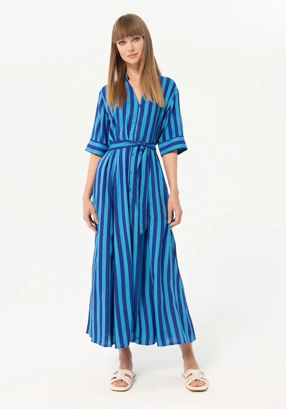 Surkana Striped Satin Shirt Midi Dress, Blue Trendy Ruffled Sleeve Midi Dress