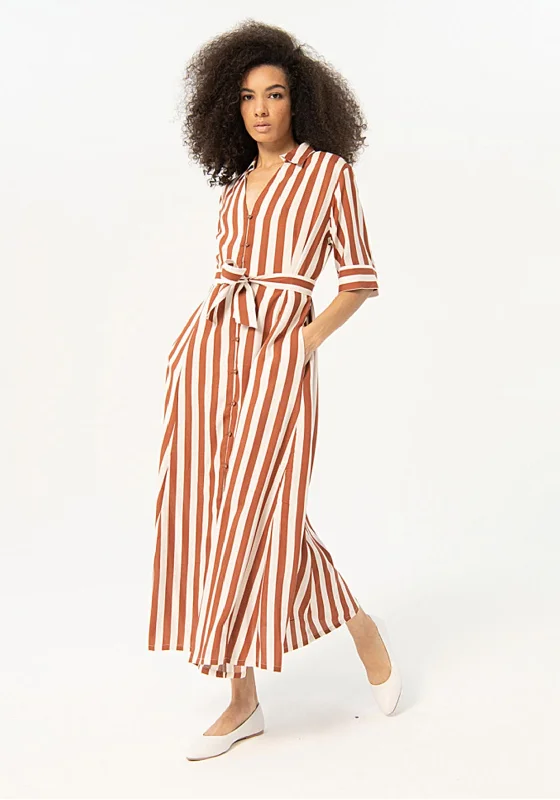 Surkana Striped Satin Shirt Midi Dress, Brown Trendy Knit Midi Dress