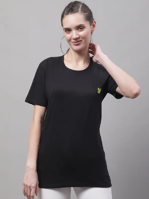 Vimal Jonney Round Neck Cotton Solid Black T-Shirt for Women Houndstooth Herringbone Solid