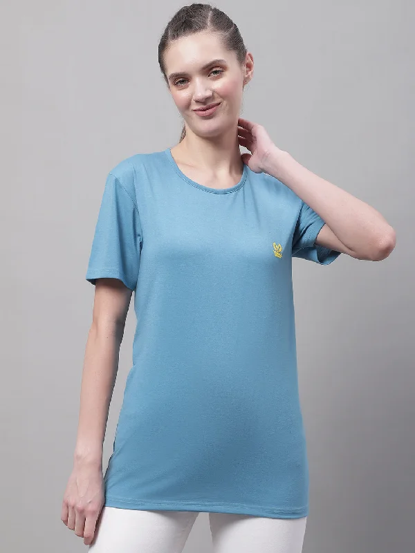 Vimal Jonney Round Neck Cotton Solid Blue T-Shirt for Women Machine Wash Dry Clean Hand Wash