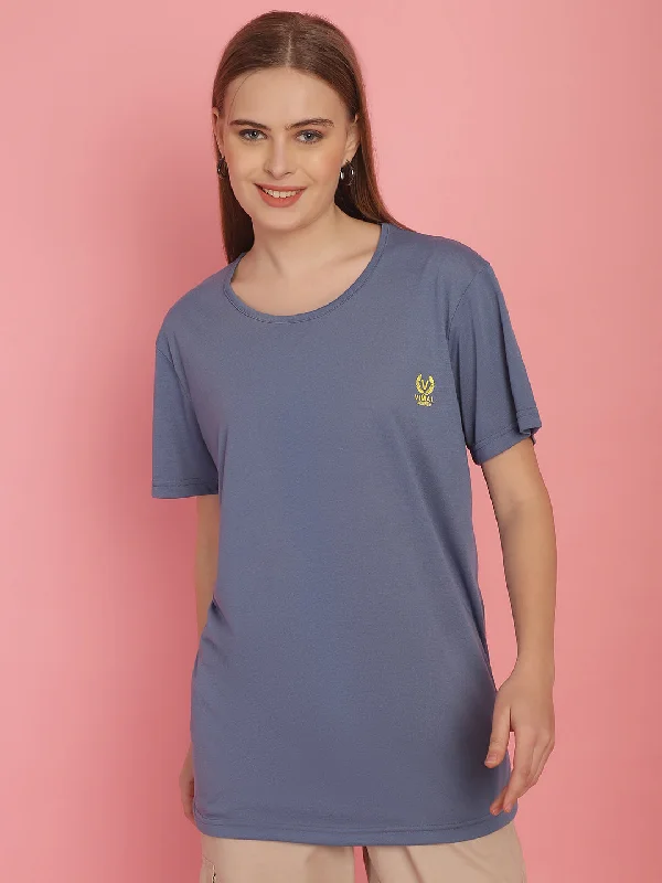 Vimal Jonney Round Neck Cotton Solid Dark Grey T-Shirt for Women Collared T-Shirt Boat Neck A-Line