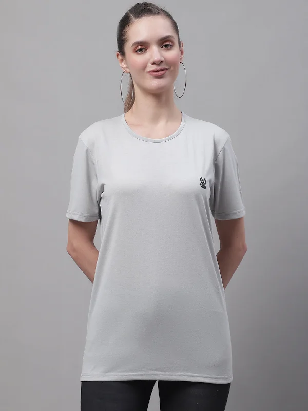 Vimal Jonney Round Neck Cotton Solid Light Grey T-Shirt for Women Print Jacquard Patchwork