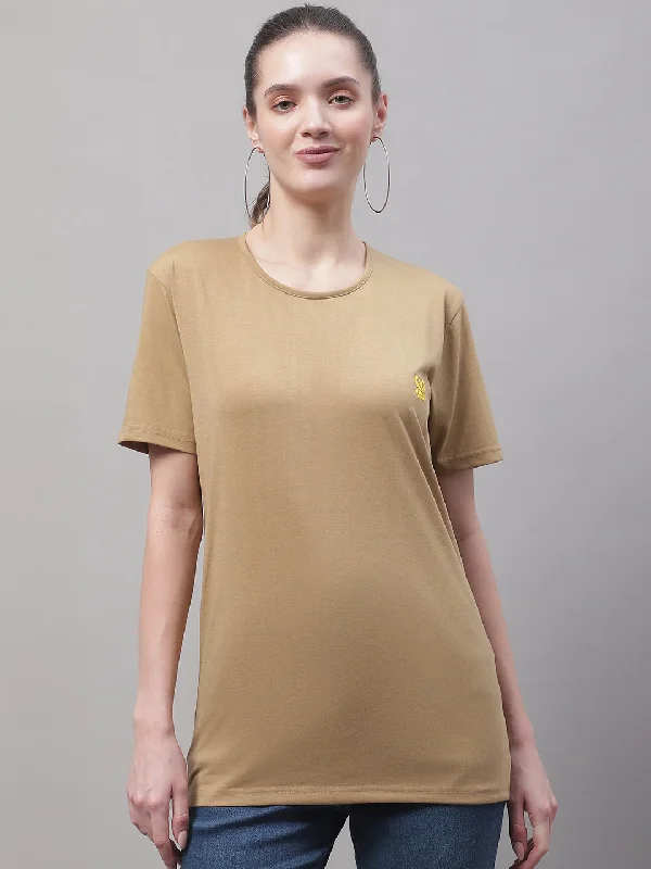 Vimal Jonney Round Neck Cotton Solid Mud T-Shirt for Women Fleece Fabric Down Fabric Feather Fabric Vimal Jonney Round Neck Cotton Solid Mud T-Shirt for Women Fleece Fabric Down Fabric Feather Fabric