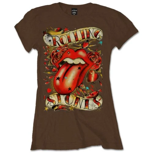 The Rolling Stones Ladies T-Shirt: Tongue & Stars Graphic T-Shirt Round Neck Polyester