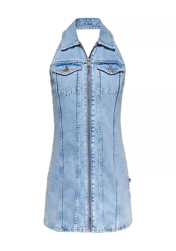 Tommy Jeans Zip Halter Neck Mini Dress, Light Denim Elegant Off-Shoulder Dress Mini