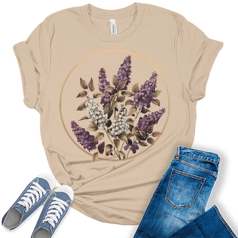 Trendy Purple Floral Circle Graphic Tees for Women Modern Contemporary Chic