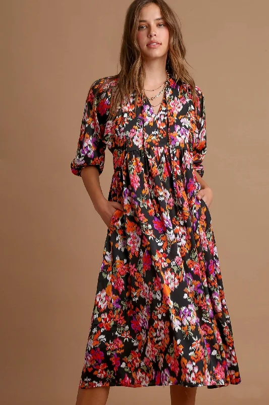 Umgee Black Satin Floral Midi Dress Comfortable Ruched Midi Dress