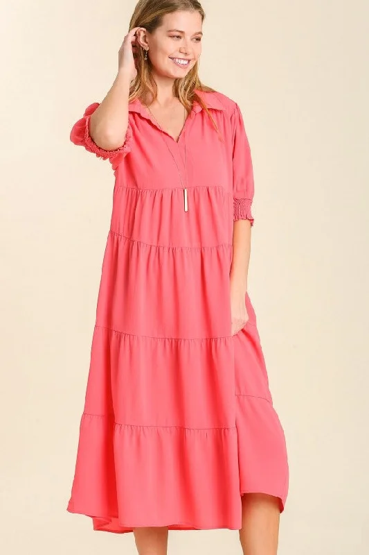 Umgee Collared Tiered Midi Dress in Coral Pink Trendy Midi Dress with Belt