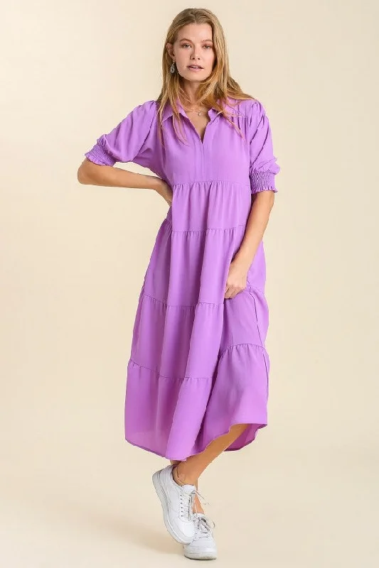 Umgee Collared Tiered Midi Dress in Lavender ON ORDER Trendy Off-Shoulder Ruffle Midi Dress