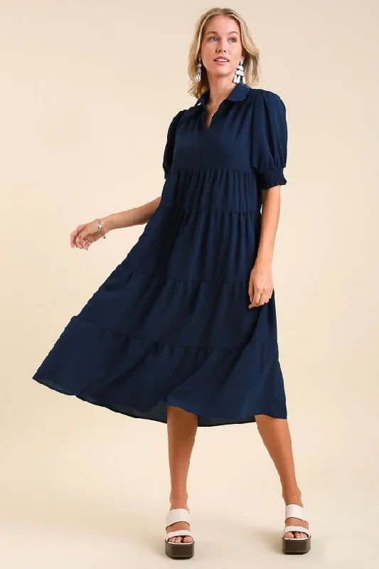 Umgee Collared Tiered Midi Dress in Navy Cozy Tie-Dye Midi Dress