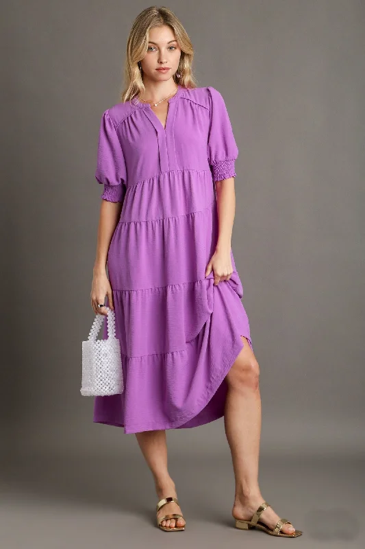 Umgee Solid Color A-Line Tiered Midi Dress with Piping Details in Orchid Elegant Maxi-Midi Hybrid Dress