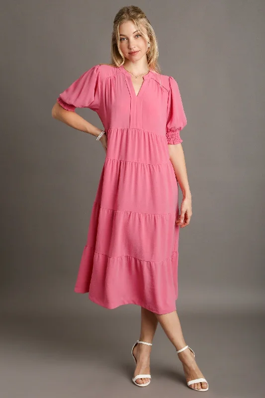 Umgee Solid Color A-Line Tiered Midi Dress with Piping Details in Rose Pink Trendy Knit Midi Dress