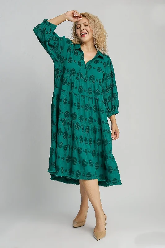 Umgee Solid Dotted Tiered Midi Dress in Peacock Fashionable A-Line Midi Dress